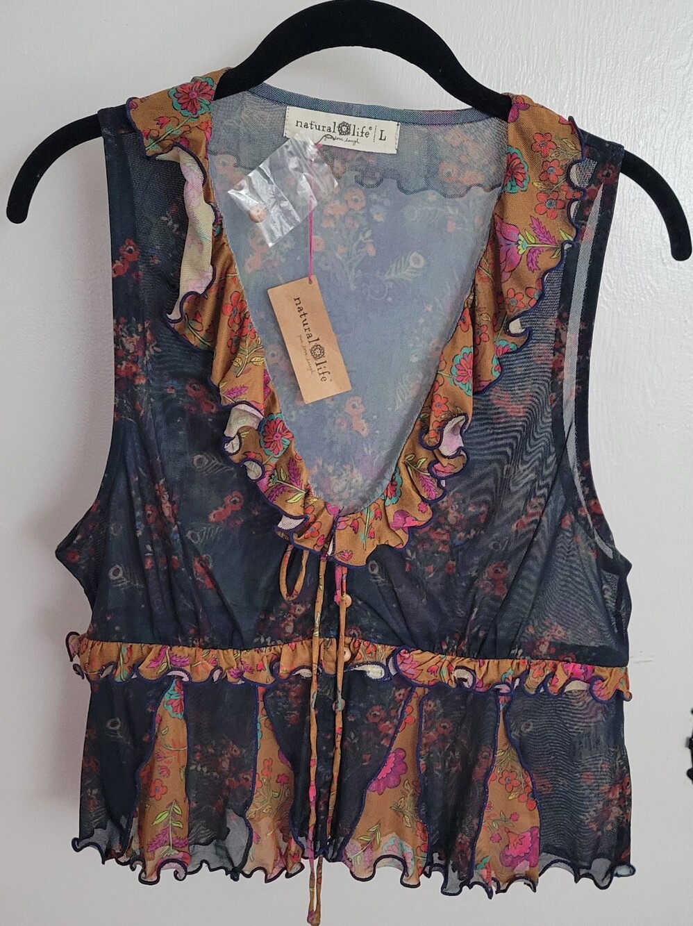 NATURAL LIFE Navy Sheer Floral Ruffle Camisole with Mustard Floral Trim